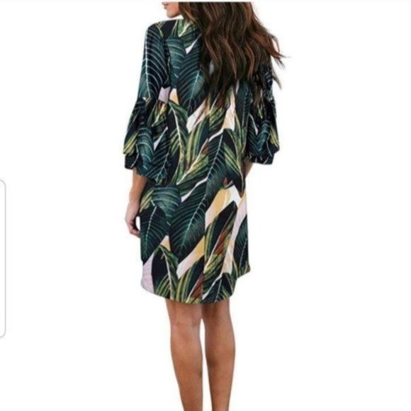 Belongsci Bell Sleeve Palm Leaf Print Shift Dress - Picture 3 of 8